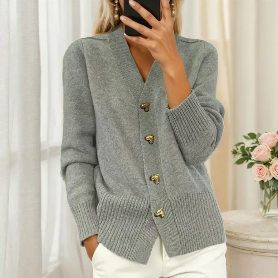 

New Solid Color Knitted Long Sleeved V Neck Cardigan Women Top Autumn Winter Fashion Love Breasted Elegant Female Sweater