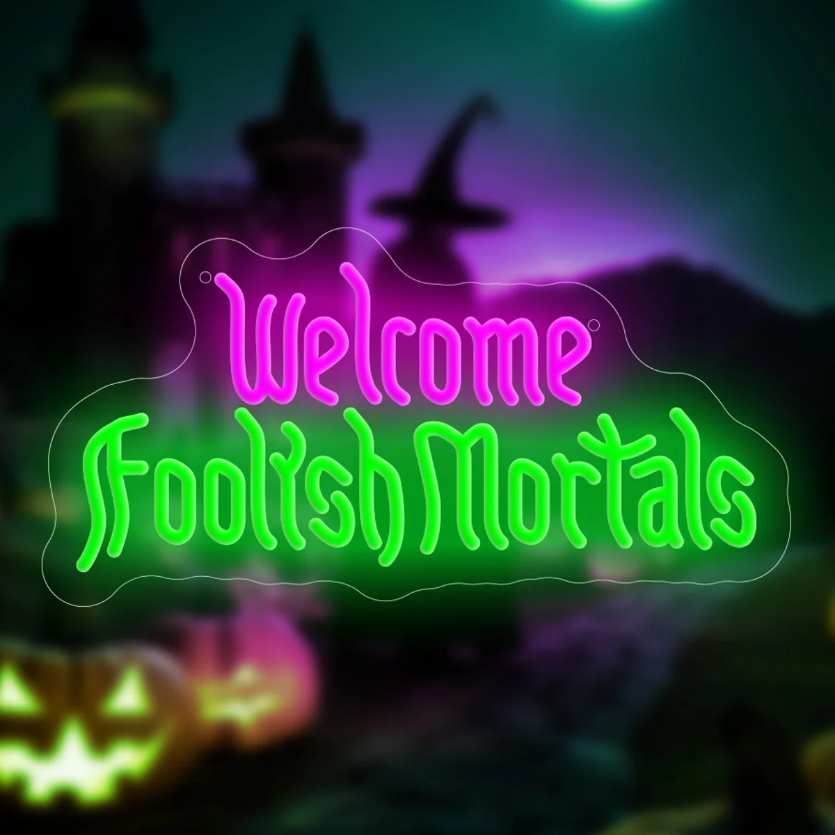 Welcome Foolish Mortals Neon Sign LED Wall Art USB Powered Haunted House Halloween Party Spooky Themed Aesthetic Decor Gift