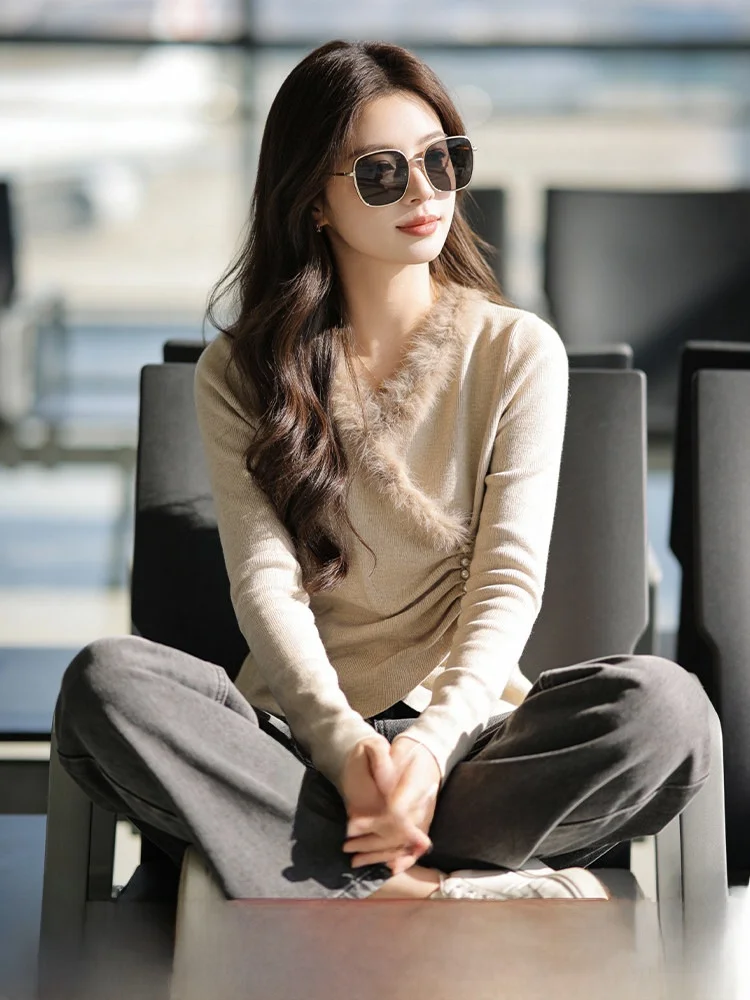 

Женская трикотажная базовая кофта больших размеров с V-образным вырезом, облегающая, зимняя, повседневная, с длинными рукавами, из смесового полиэстера, для ношения под одеждой