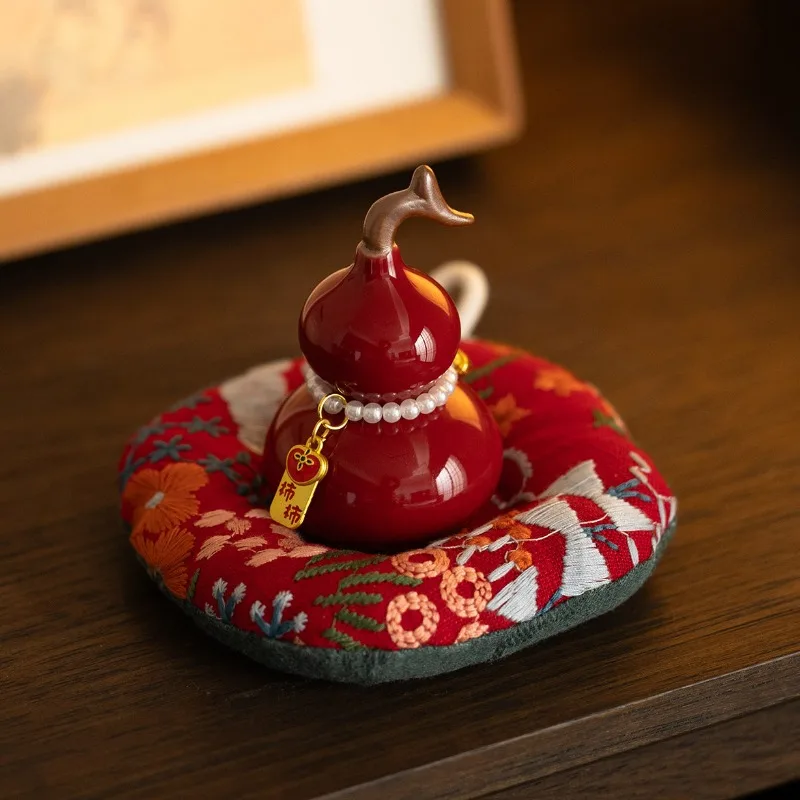 Red Green Ceramic Gourd Figurine New Chinese Style Lucky Fortune Tea Pet Auspicious Home Desktop Decor Craft Ornament