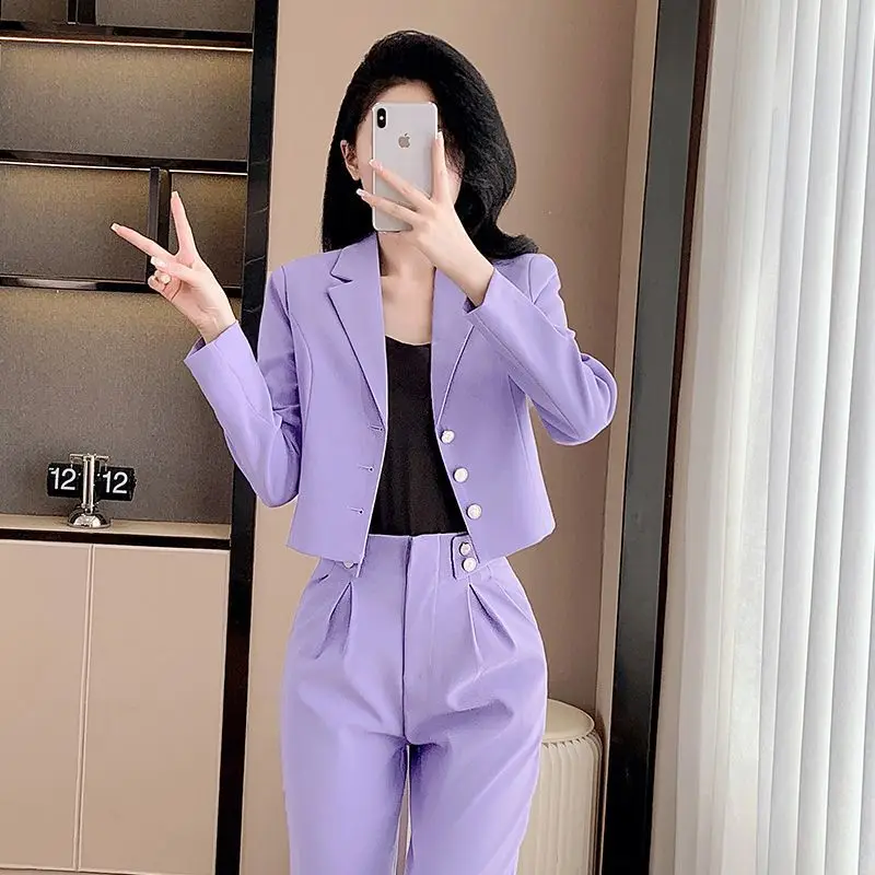 Damski krótki zestaw marynarki Petite, wysoki stan, dopasowany krój, elegancki garnitur na wiosnę i jesień, marynarka i spodnie.