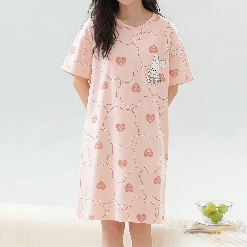 Summer Thin Short Sleeve Loose Women's Nightgown Cartoon plus Size Comfortable Home Clothes Casual Wear round Neck Pullover image 5