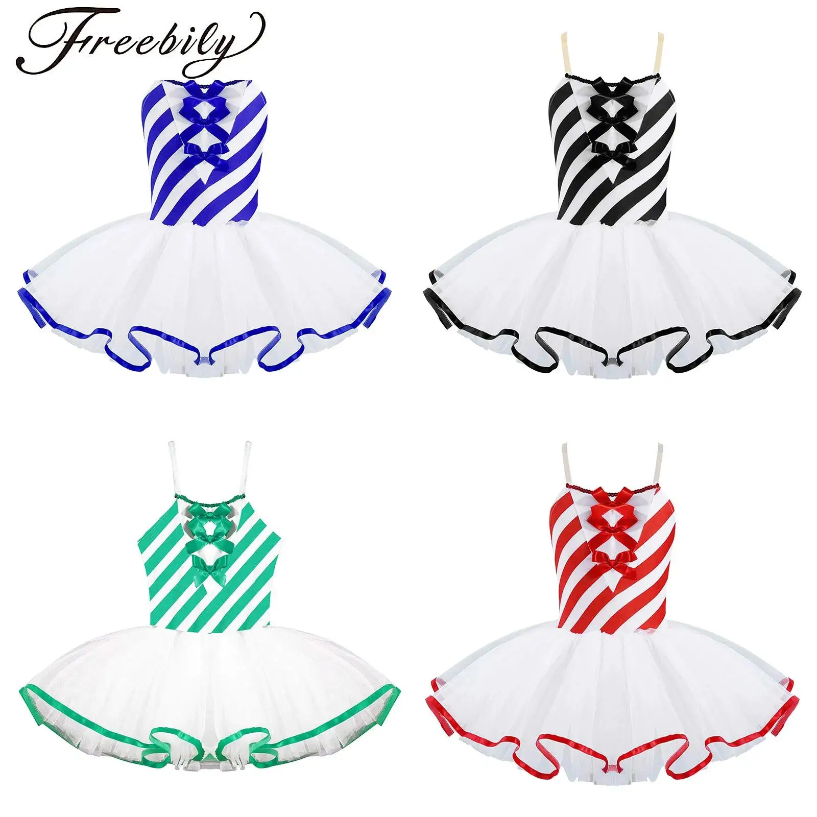 

Girls Candy Cane Stripe Ballet Tutu Dress Christmas Dance Dress Sleeveless Adjustable Straps Bowknot Mesh Figure Skating Costume