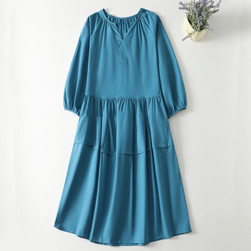 

Spring New Style Blue Simple Mid-Length Loose Splice V-Neck Seven-Sleeve Cotton Linen Women's Dress Commute Style Loose Fit