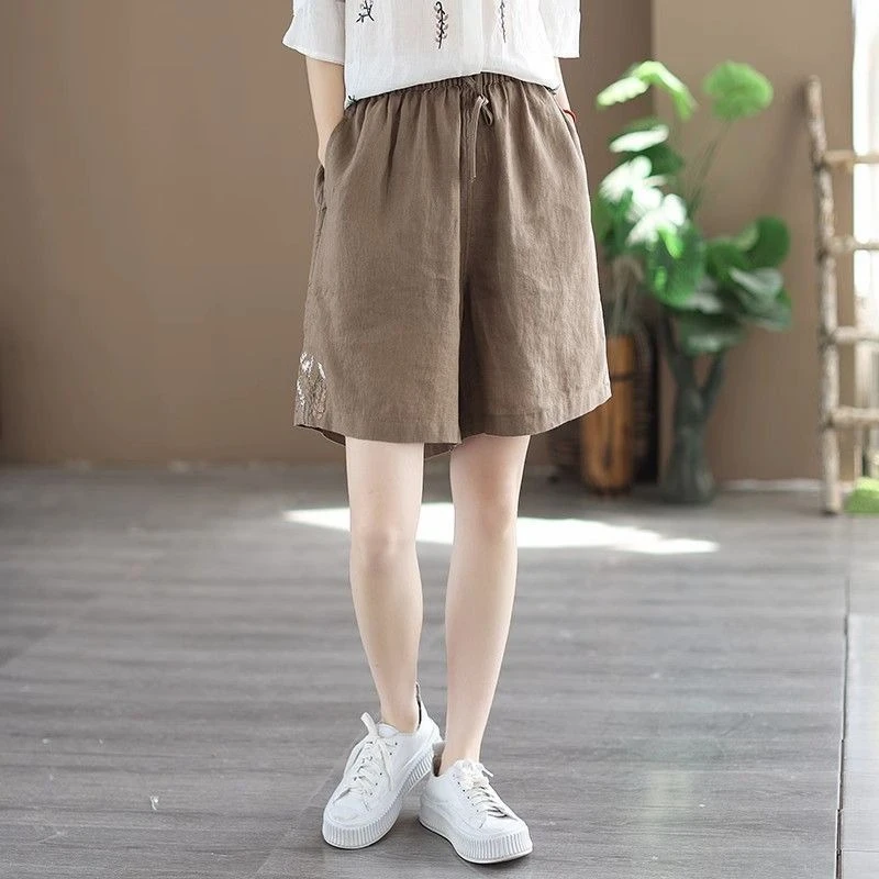 Women's Summer New Arrival Loose Wide Leg Mid Thigh Shorts Vintage Literary Embroidered Casual Commute Wear