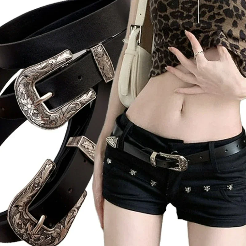 Vintage geschnitzter Gürtel Metallnadelschnalle für Damen Herren Jeans Pu-Leder Schwarz Western Punk Hip Hop Rock Stil Bund Zubehör