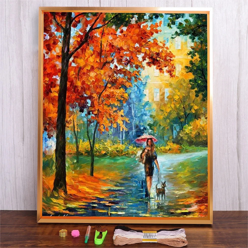 

Tree Park Landscape Printed Cross Stitch Kits Scenery Pattern Design 14ct 11ct Full Canvas Embroidery DIY Threads Cross-Stitch