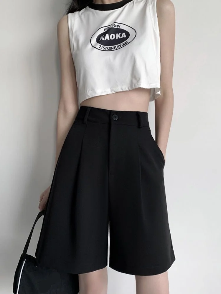 

High Waist Ice Silk Wide Leg Five-Quarter Pants Women's Summer New Style Korean Version Suit Shorts Casual A-Line Trousers