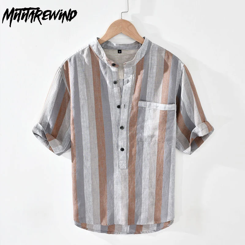 

100% Linen Shirts for Men Breathable Summer Beach Pullover Mens Top Stand Collar Half Sleeve Contrast Color Striped Shirt Causal