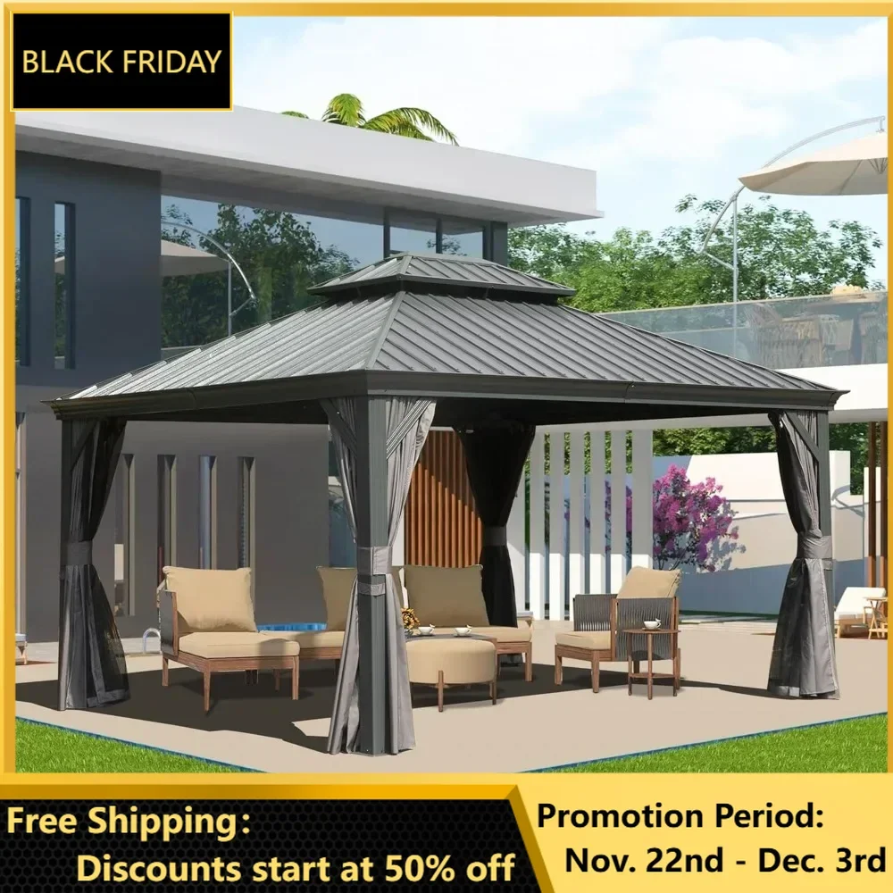 10x14FT Gazebo, Outdoor Gazebo with Galvanized Steel Double Roof and Aluminum Frame Curtain and Netting, Hardtop Pavilion Gazebo