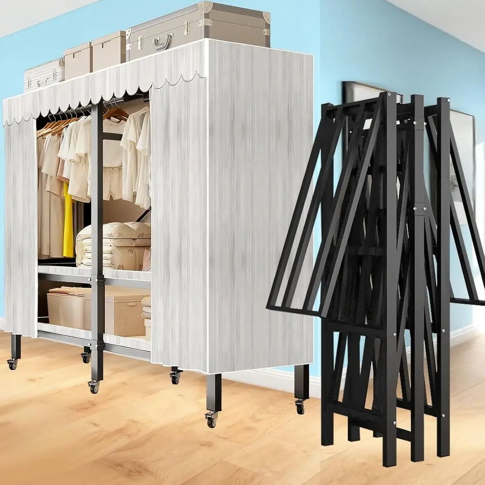 

Portable Heavy-Duty Wardrobe Closet with Cover, 2000LB Capacity, Rolling Clothes Rack, Light Gray, 70.86in