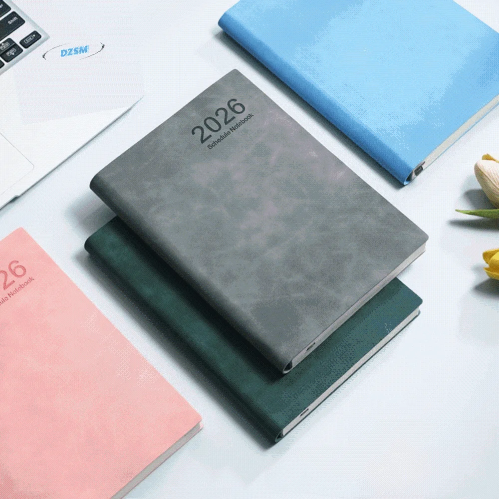 

A5 2026 365-Day Schedule Notebook PU Leather Cover with Ribbon Bookmark Schedule Planner Notepad