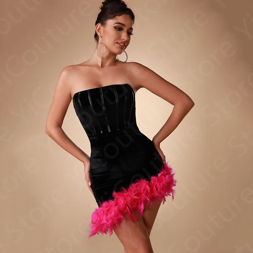 Latest Lovely Cocktail Dresses 2024 Black Short Homecoming Gowns Feathers Contrast Color Pageant Dresses Mini Length Sleeveless