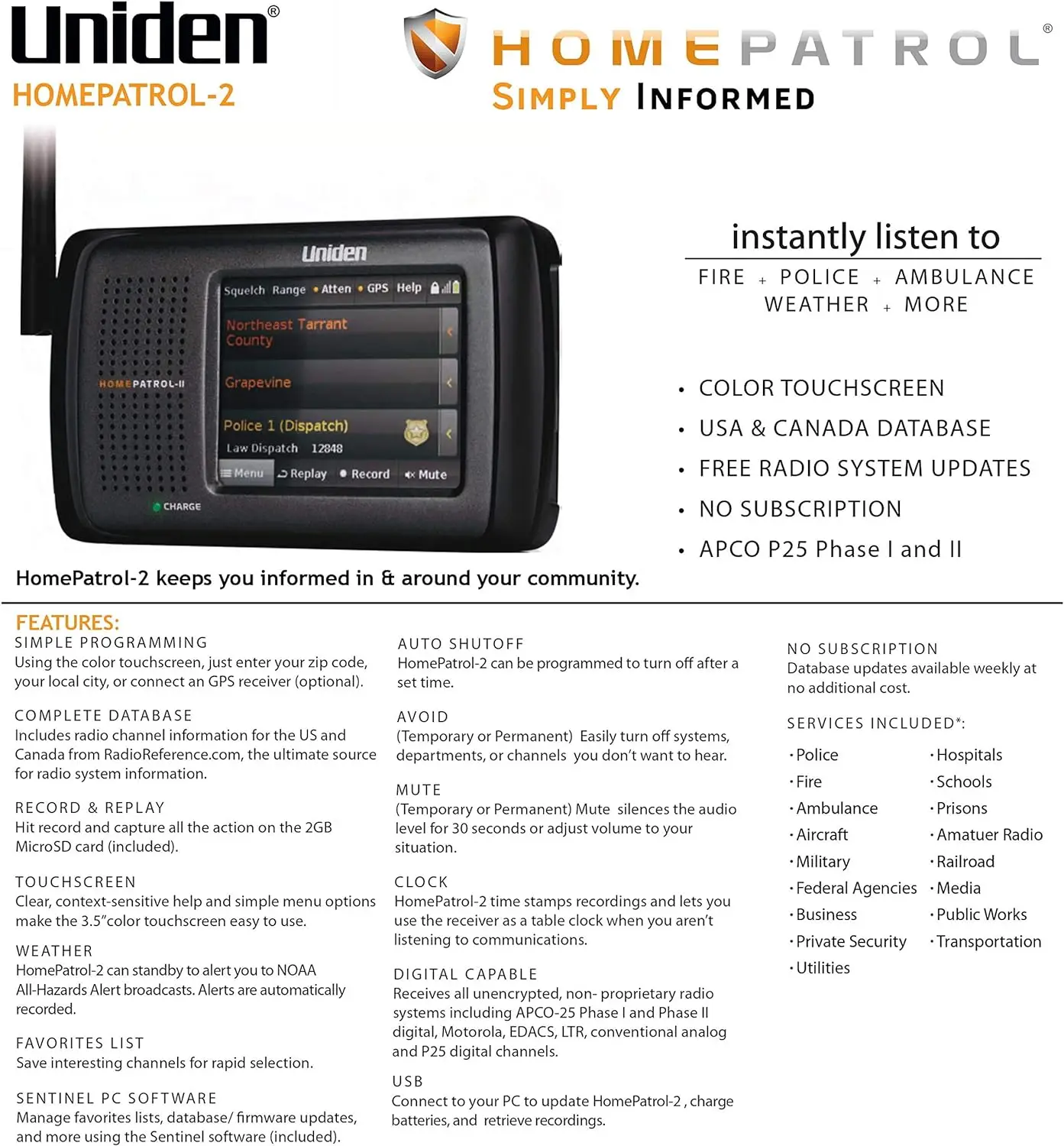 HomePatrol-2 Color Touchscreen Scanner with TrunkTracker V/S/A/M/E, APCO P25,