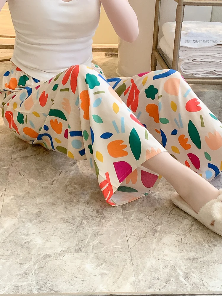 

New 2025 Women's Cotton Silk Loose Wide Leg Pants Nine Points Home Leisure Pants Breathable Comfortable Summer Spwear