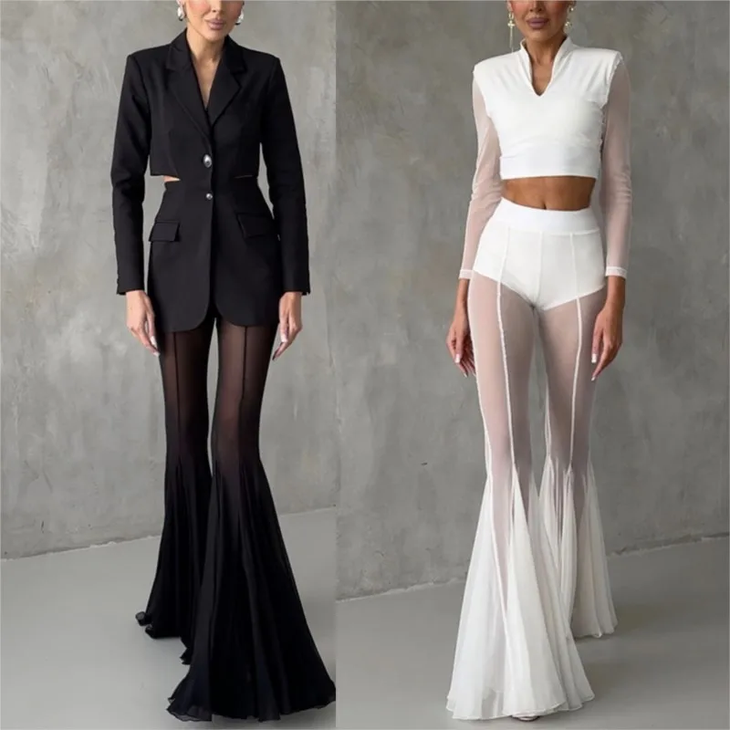 Pantalon évasé en maille transparente pour femmes, blanc/noir, taille haute, jambes longues, coupe cintrée, Chic, décontracté, Perspective, mode pour dames