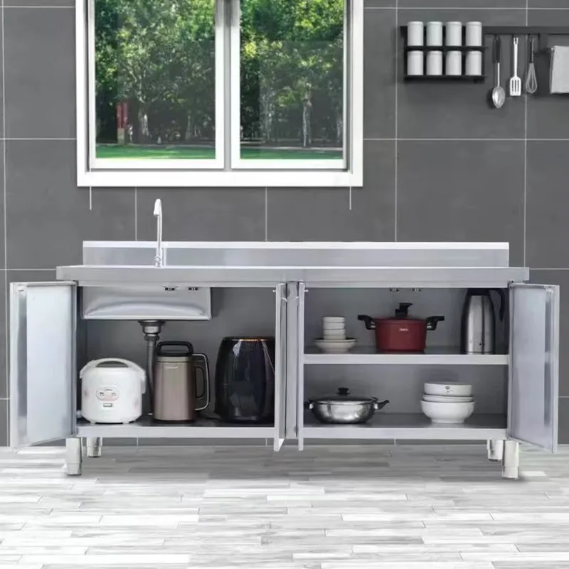 대용량 2도어 작업대 싱크대 304 201 작업 테이블 단일 볼 스테인리스 스틸 캐비닛 싱크대