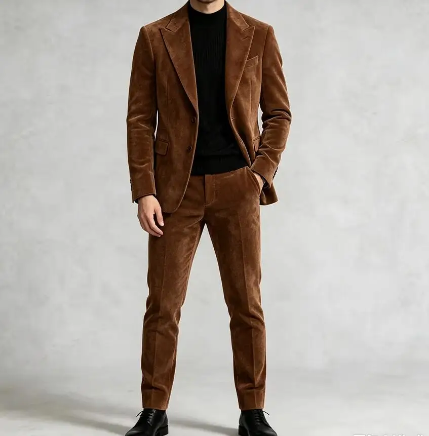 Classic 2 Piece Set Velvet Men Suits One Single Button Formal Party Suit Grooms Wedding Fitting Mens Formal Tuxedo Jacket Pants