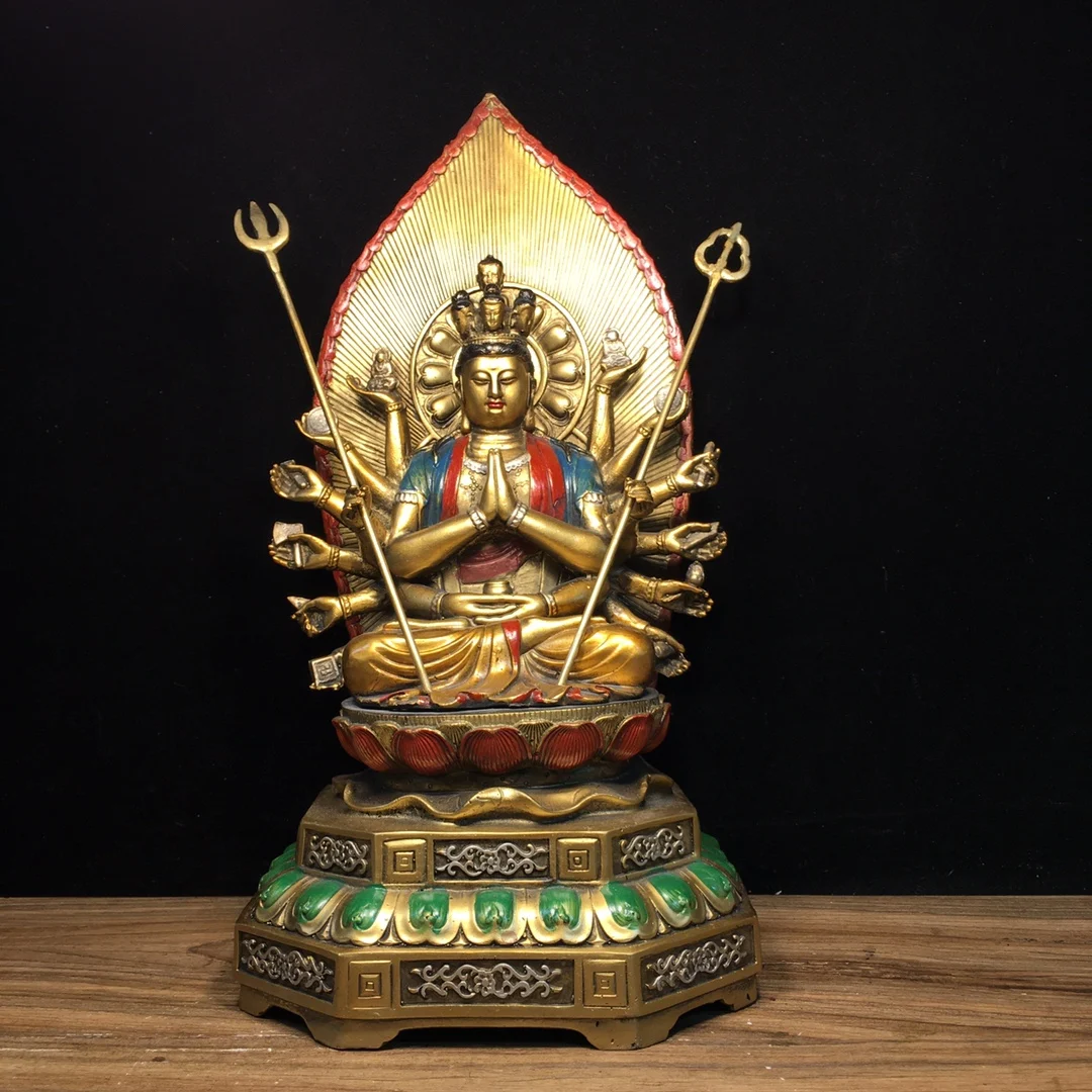 Buddha statue Pure copper painted Thousand Armed Avalokitesvara Bodhisattva Length 18cm, width 16cm, height 35cm, weight 2580g