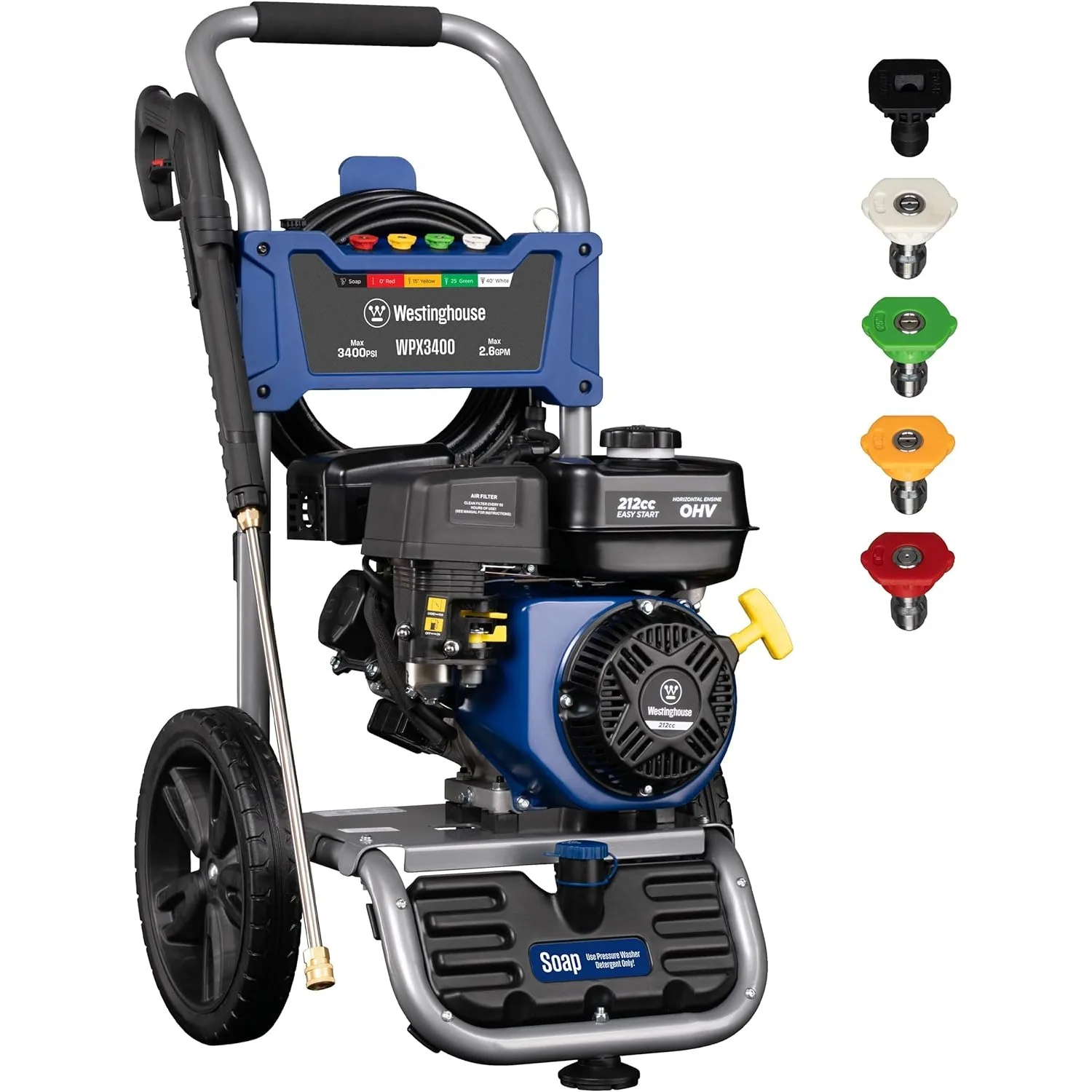 

NEW WPX3400 Gas Pressure Washer, 3400 PSI and 2.6 Max GPM, Onboard Soap Tank, Spray Gun and Wand, 5 Nozzle Set