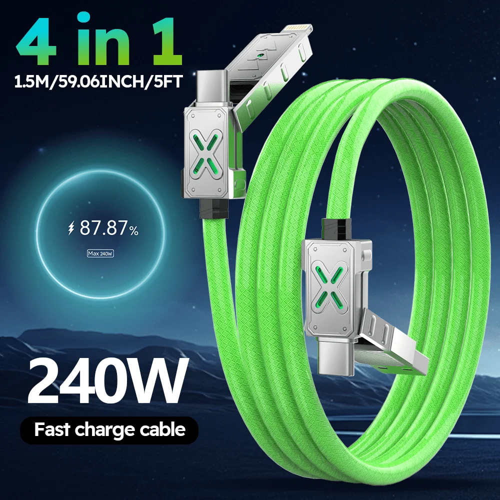 

Кабель для сверхбыстрой зарядки 240 Вт 4-в-1, USB-C на Type-C, из цинкового сплава, для iPhone, Samsung, Huawei, Xiaomi, многопортовый
