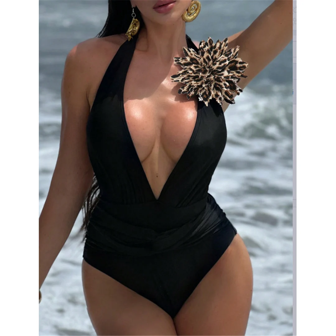 S - XL 3D-Blumenmuster, tiefes V-Ausschnitt-Design, einteiliger Badeanzug, Damen-Bademode, rückenfreier Monokini, Badebekleidung, Badeanzug, Modell V6846. – Detail 2