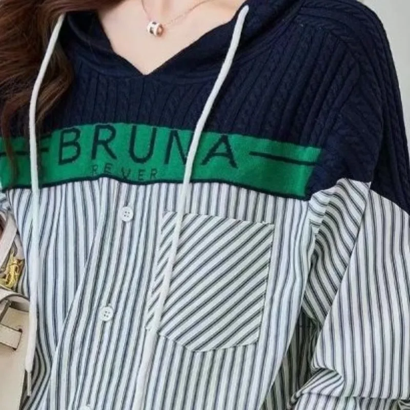 Spring and Autumn Women\'s Pullover Hooded Panel Button Striped Shirt Loose Fit Long Sleeve Knitted Sweater Fashion Elegant Tops