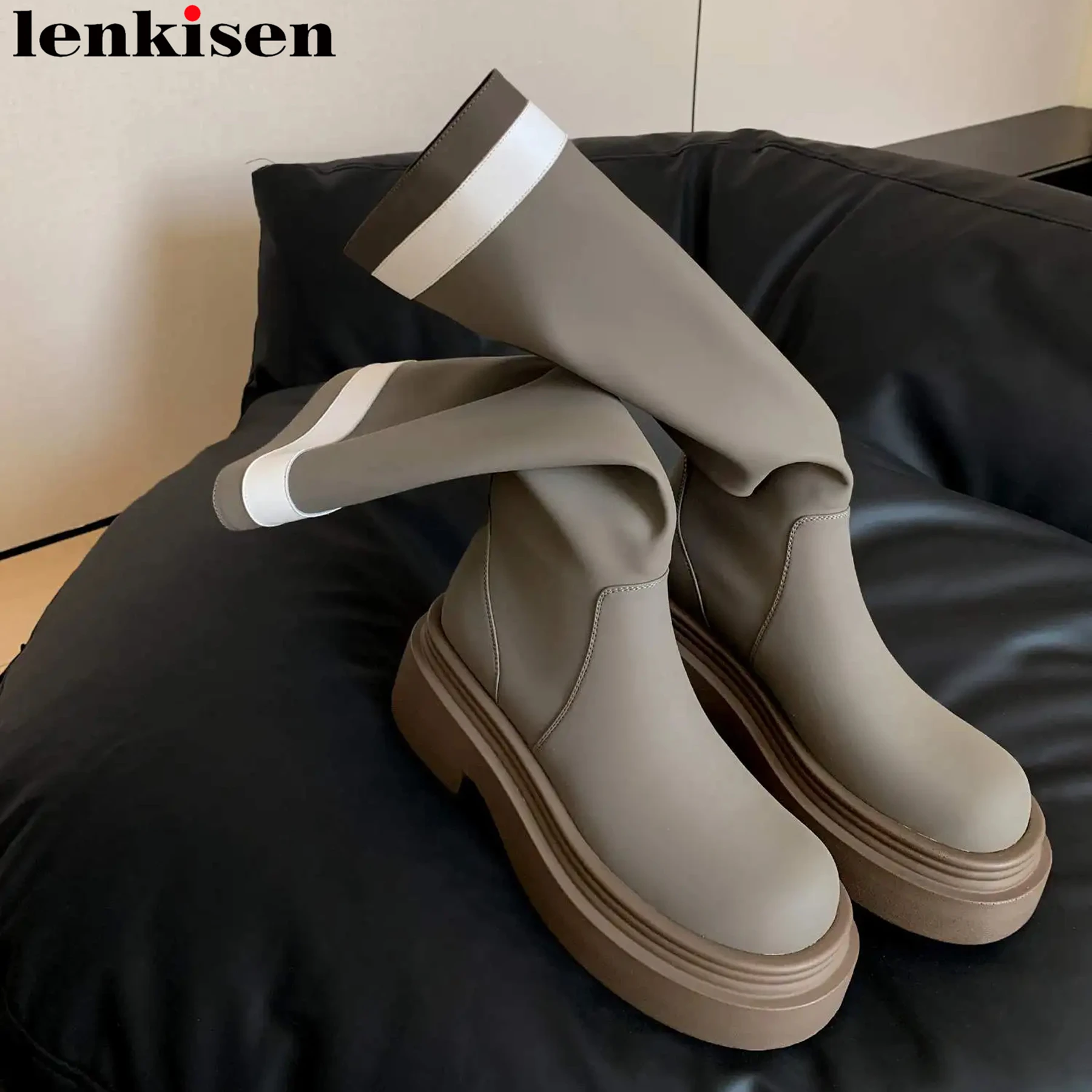 

Lenkisen Microfiber Chunky High Heels Modern Riding Boots Casual Winter Autumn Classics Elegant Platform Women Thigh High Boots