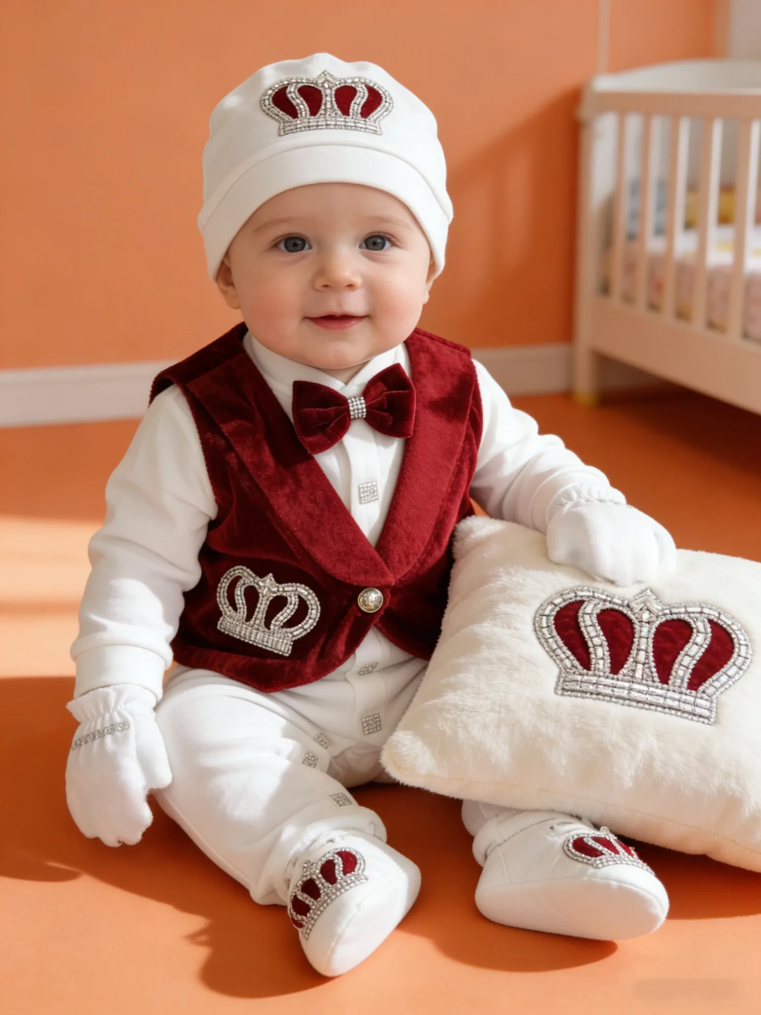 

Baby Boy Burgundy Velvet Crown Gentleman Outfit Set - Formal Newborn Clothes for Baptism, Naming Ceremony, Baby Shower Gift