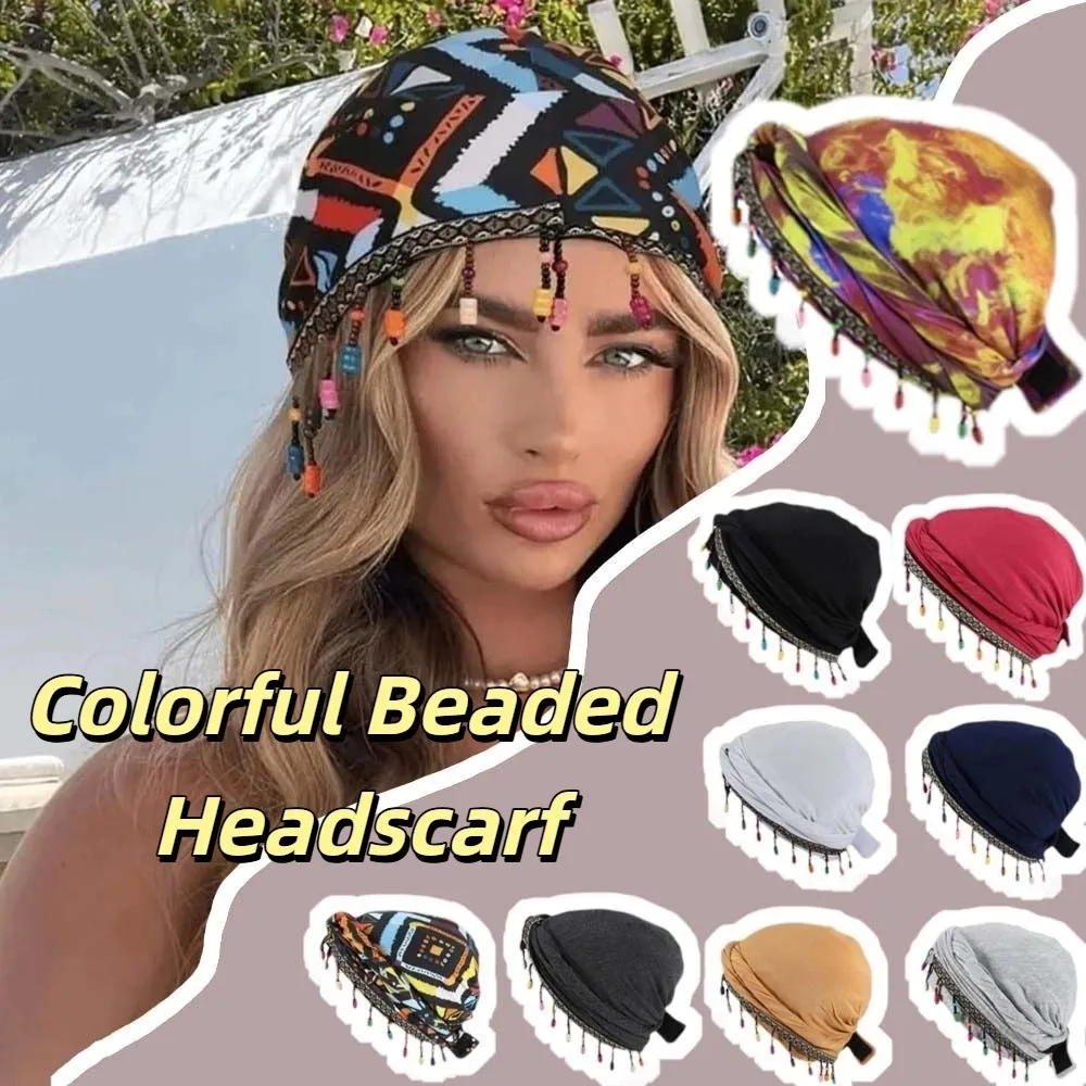 

Elastic Colorful Beaded Headscarf Breathable Ethnic Style Pre-tie Head Wraps Hijab Solid Color Jacquard Pullover Cap Daily