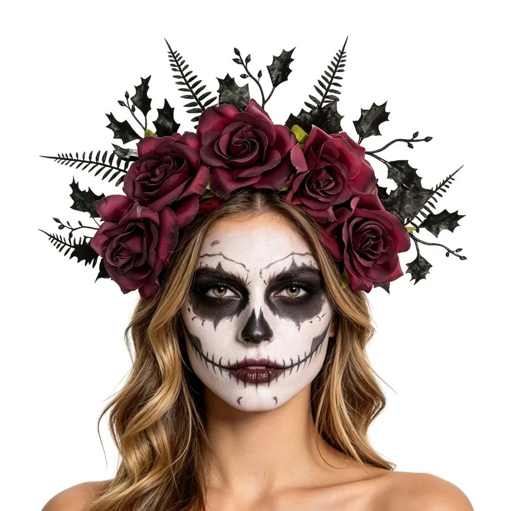 Unique Elegant Style Halloween Rose Headband Simulated Vintage Artificial Flower Headband Leaf Flower Crown Hair Hoop Women