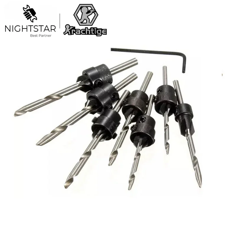 

22pc Tapered Drill Bits Countersink Set Stop Collars Hex Key Wood Pilot Hole DIY Adjustable Depth