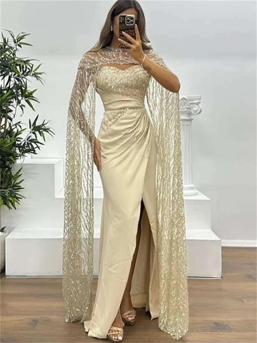 

Sparkly Slit Women Long Bespoke Occasion Gown Evening Dresses Pastrol Unisex Jersey Retro Dubai Saudi Arabic Prom Customized