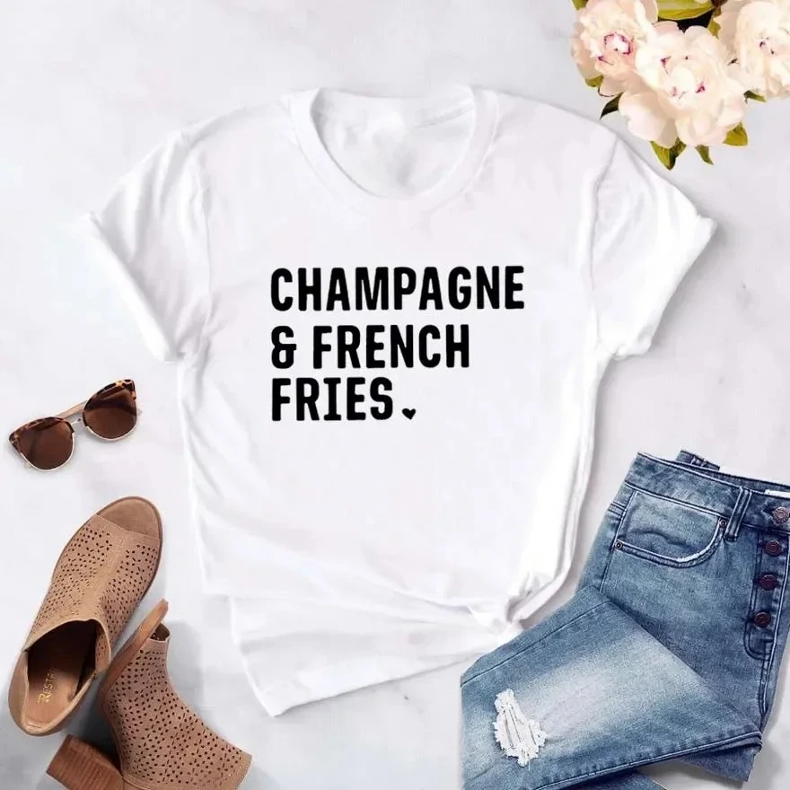 Champagne French Fries Women Tshirt Casual Hipster Funny T-shirt Lady Yong Girl Top Women Clothes Aesthetic Clothes