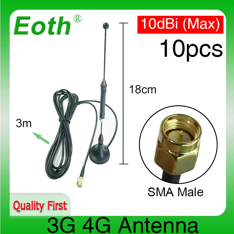 Eoth 10pcs  3G 4G LTE Antenna 10dbi SMA Male Connector Aerial 698-960/1700-2700Mhz IOT magnetic base 3M Clear Sucker Antena