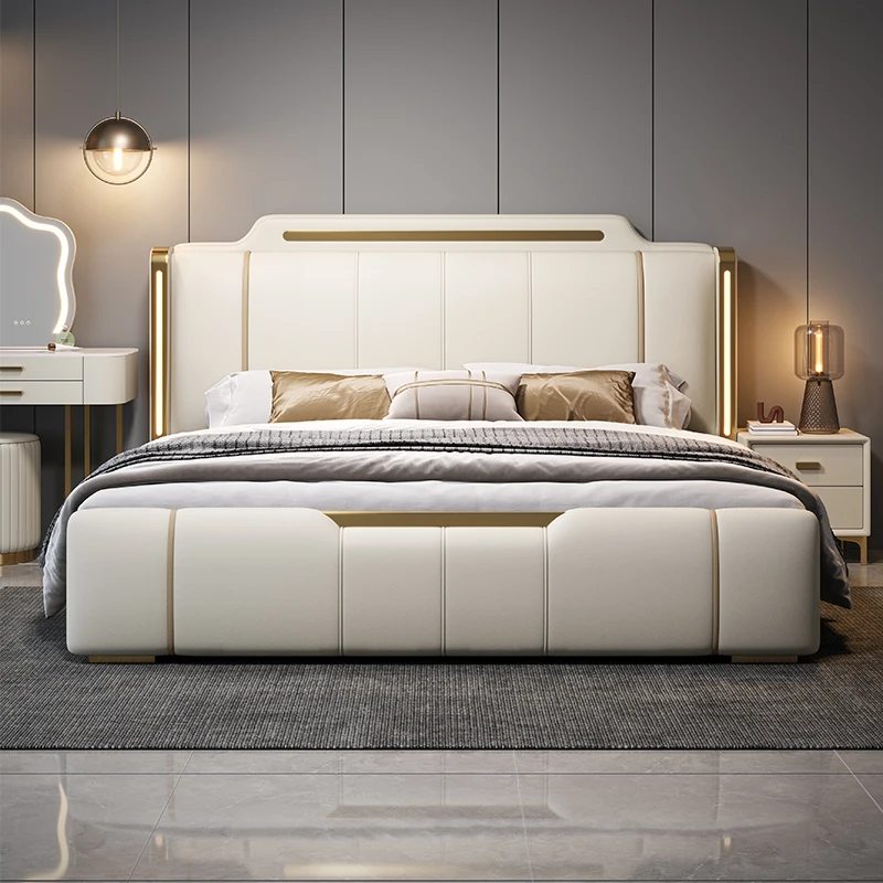 

Leather With Lights Double Bed Headboard Frame Luxury Modern Double Bed Decoration Wooden Lit 2 Personnes Bedroom Furniture