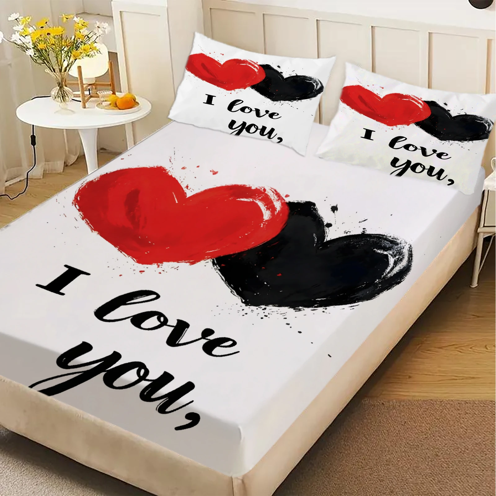 1pc Blaack Red Love Heart Print Fitted Sheet 100% Polyester Durable Bedding Set Sheet for Home Bedroom Decoration Birthday Gift