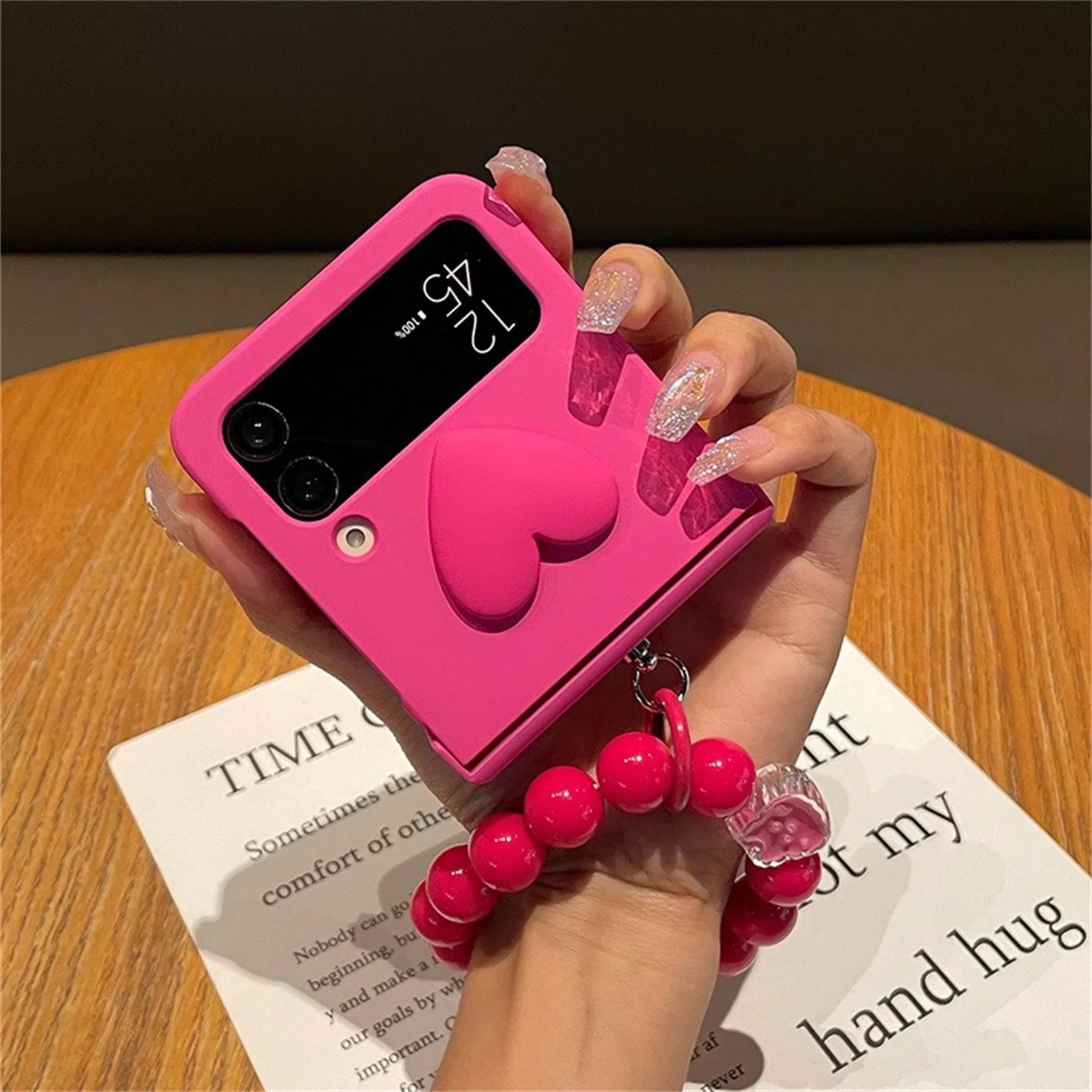 Korean 3D Love Heart Rose Red Case with Bunny Ring Beads Bracelet for Samsung Galaxy Z Flip 3  5G Z Flip3  Zflip5 Zflip4 Cover