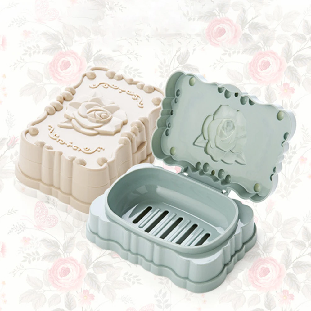 Waterproof Soap Box Sky-Blue Plastic Rose Pattern Drain Rack Storage Container For Bathroom Home Hotel Use Soap Saver