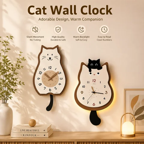 Cute Cat Shaped Wall Clock with Swinging Tail Silent Non Ticking Quartz Clock Warm Backlight Clear Numerals Decor Wall Clock