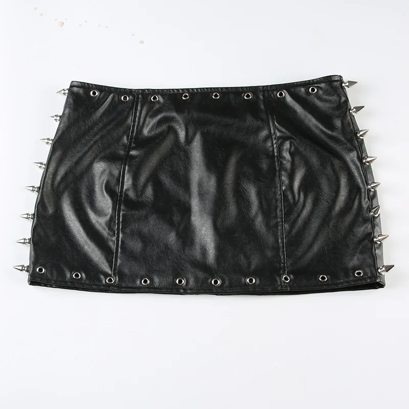 

Sexy Split Rivet Pu Leather Skirt with Belt Women's Pleated Skirt Autumn New 25