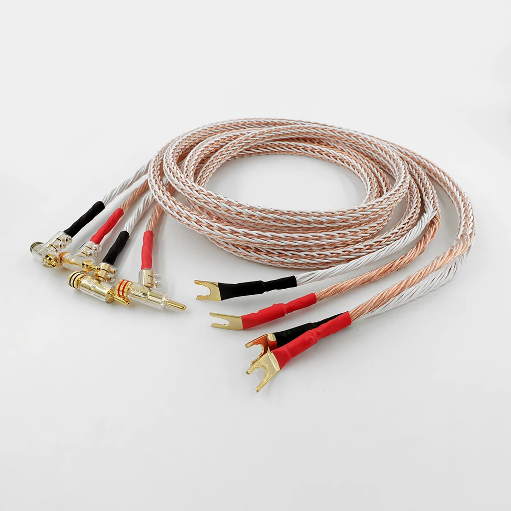 High Quality Audio Hi-end DIY HIFI Gold Rhodium Plated Y shape to banana plug 8TC 16 core speaker cable Cord Wire pair sale