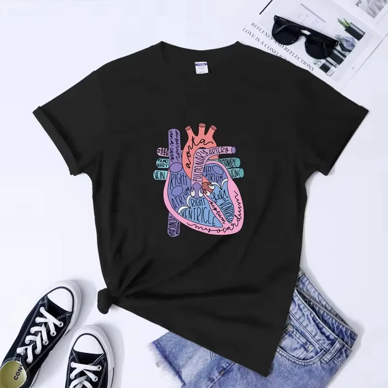 الملونة التشريحية القلب تي شيرت Camiseta وقح المرأة الجرافيك التشريح التي شيرت تنفس قمم