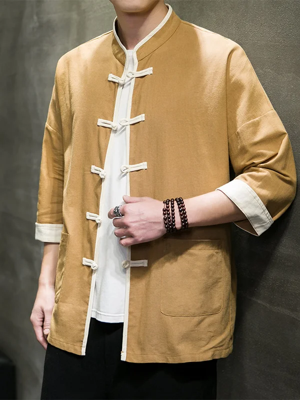 Men's Summer Thin Linen Short Sleeve Shirt Retro Tea Costume Ancient Chinese Clothing Large Size Hanfu Trendy Casual Loose Fit