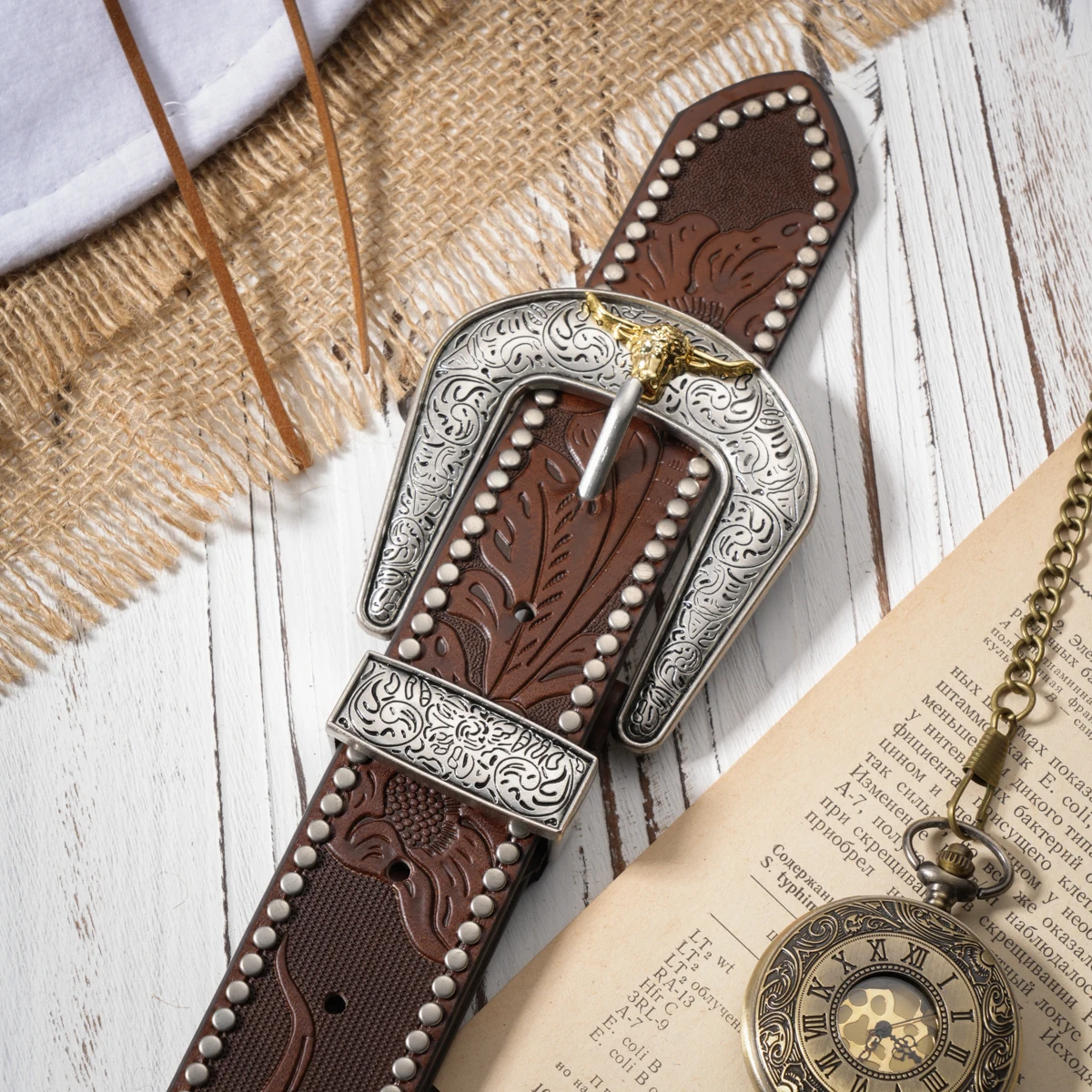 Western Cowboy PU Leather Belt - Men Waist Strap Bull Decoration Floral Engraved for Jeans