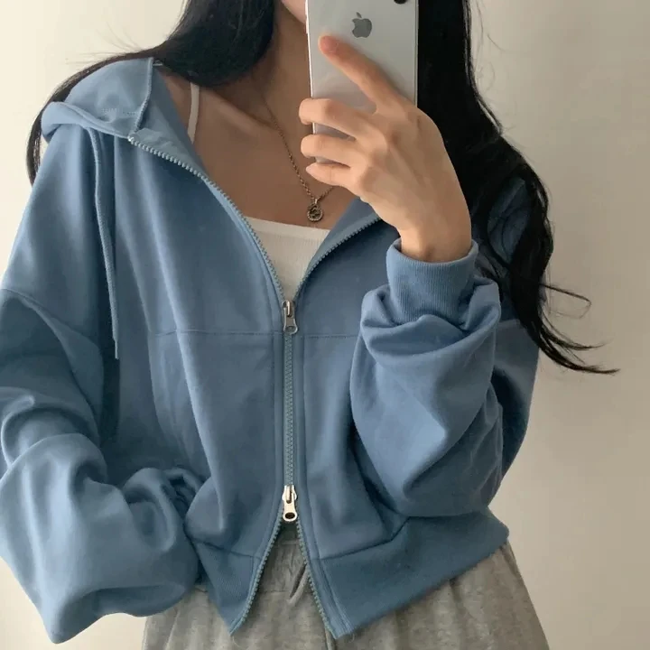 

Chic Zipper Hooded Long Sleeve Women's Loose Short Cardigan Sweatshirt Outerwear Commute Style High Collar Color Cotton