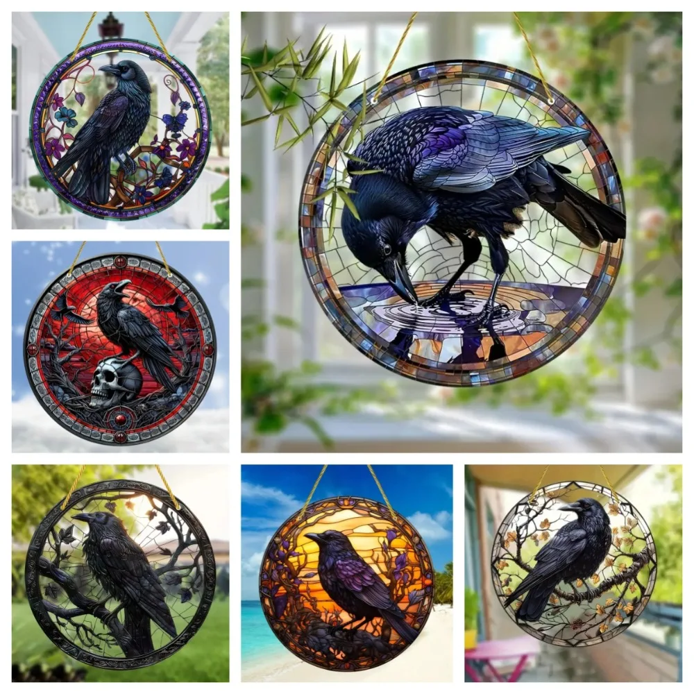 Charming Crow, Painted Acrylic Window Hanging, Circular Flower Wreath Center, Porch Garden, Home Courtyard Decoration, Gifts