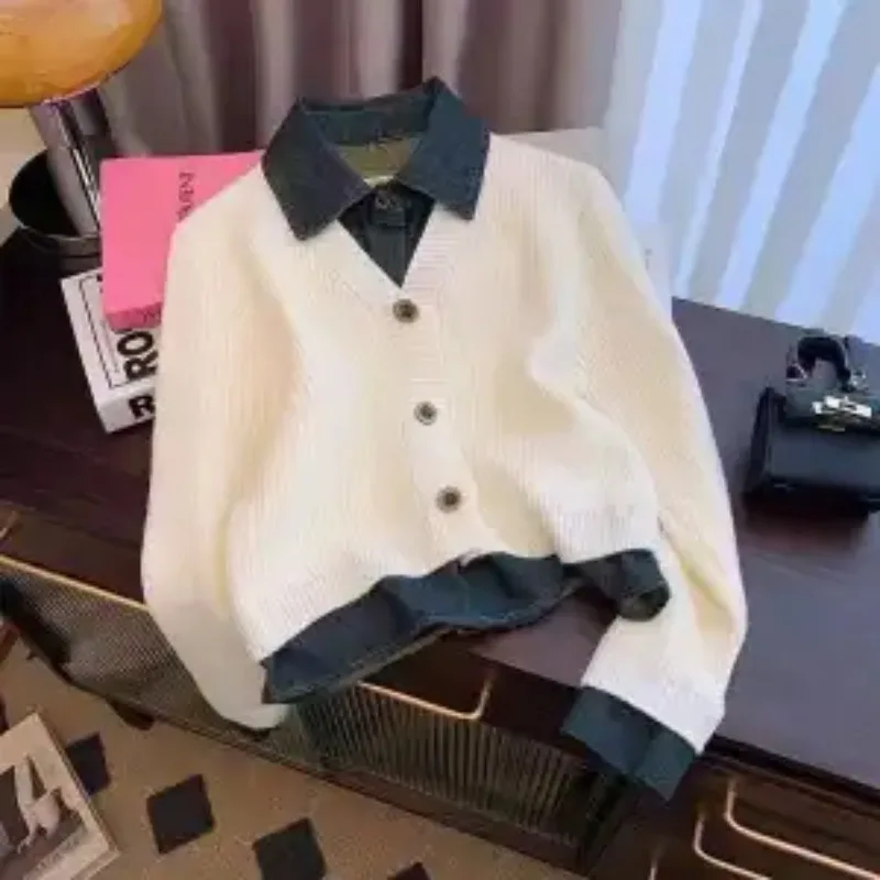 

Джинсовый топ, искусственный двухсекционный вязаный свитер с лацканами 2024, осенне-зимний новый универсальный модный свитер-пальто