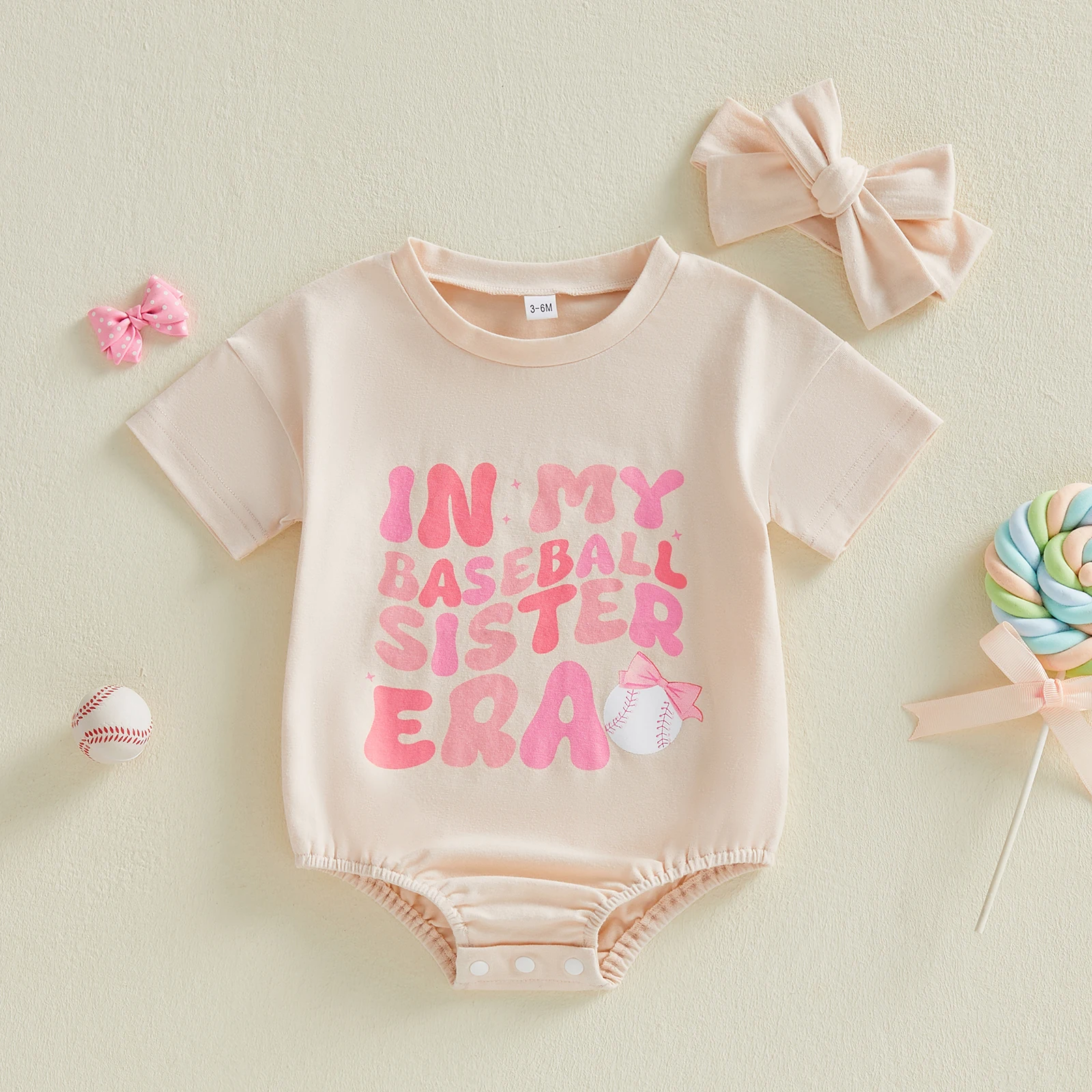 

Newborn Baby Girl Summer Outfits Baseball Letter Print Crew Neck Short Sleeve Romper and Bow Headband 2 Pcs Set