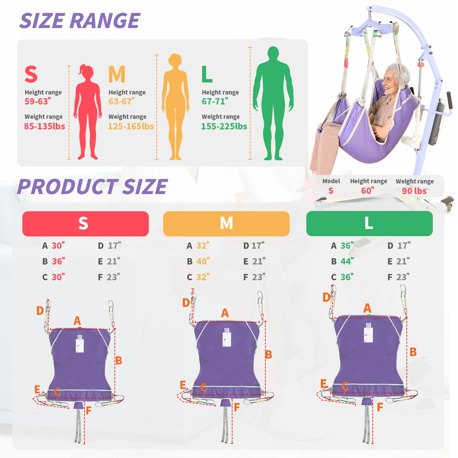 Ehucon Purple Breathable Mesh Full Body Patient Lift Sling, Soft High Elasticity Medical Transfer Sling for Obese Individuals Di